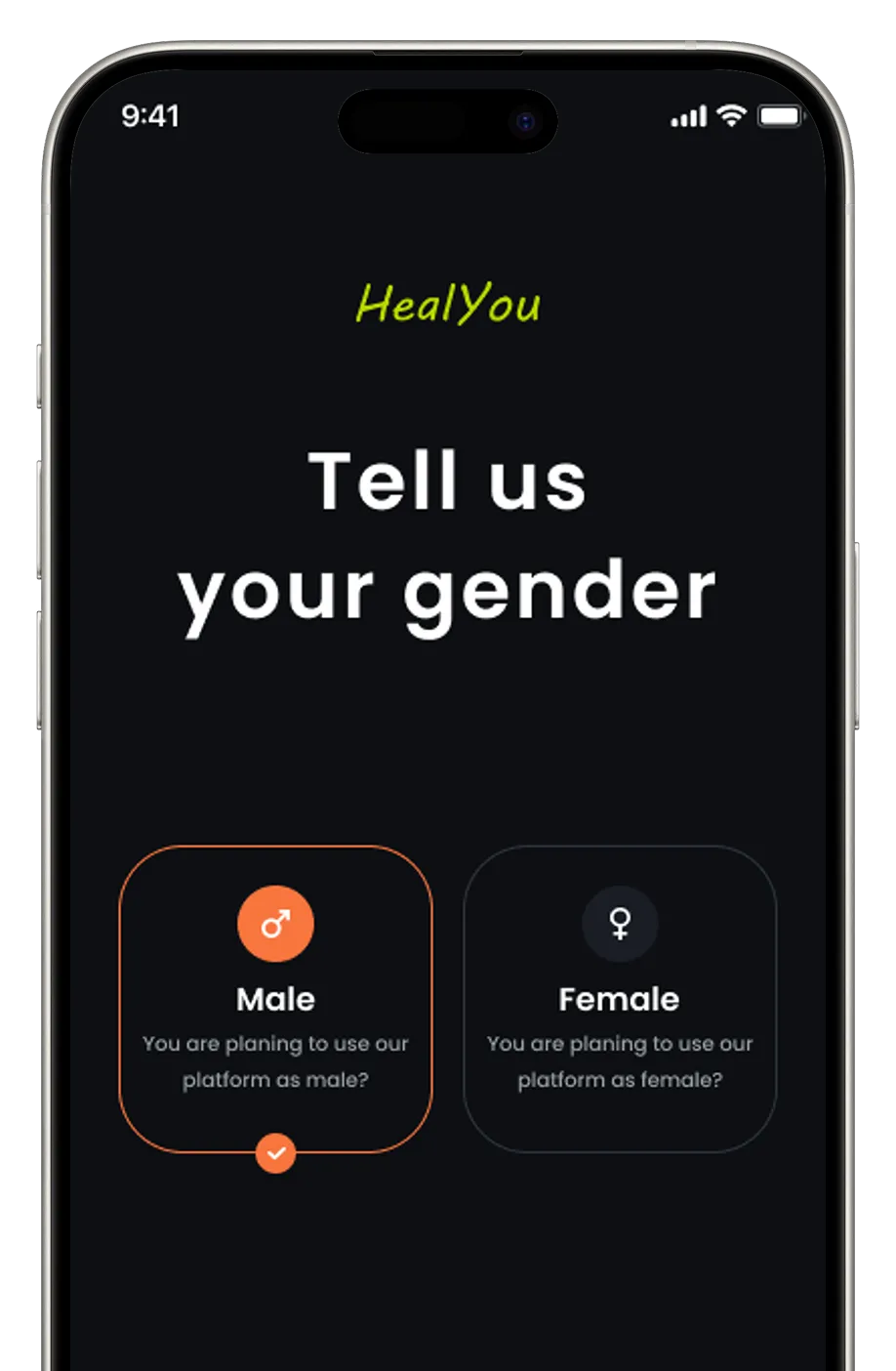 HealthPro app asking user to select gender.
